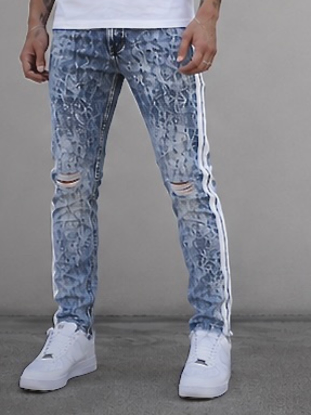 DNM Collection Men’s Acid Wash Distressed Side Stripe Zip Jeans Size 30